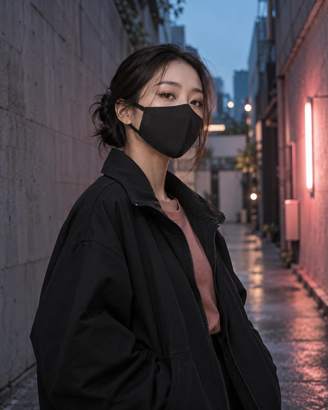 검정 패션 마스크와 재킷을 착용한 성인 여성의 디자인 콘셉트